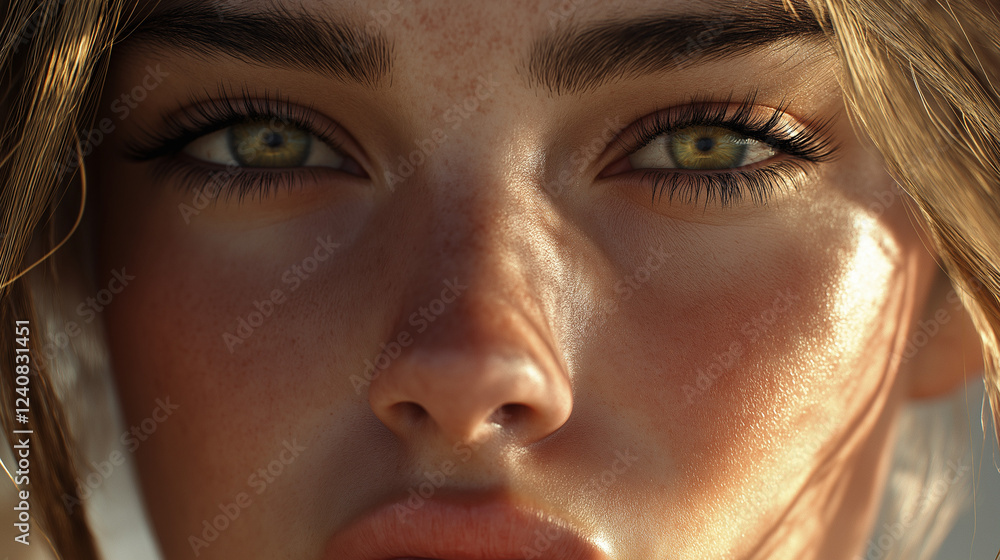 Fototapeta premium Close-up of a beautiful woman, radiant skin, soft natural lighting, emphasizing delicate facial features