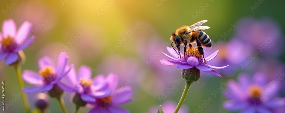 Bee gathering pollen from a field of purple flowers, pollination, insects Bee gathering pollen from a field of purple flowers, pollination, insects