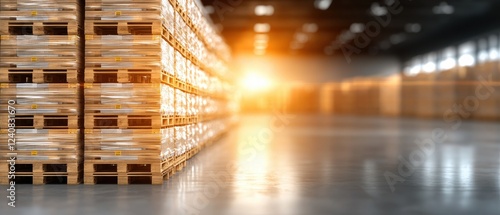 A warehouse filled with stacked wooden pallets, illuminated by a warm sunset glow, creating a serene and industrial atmosphere.