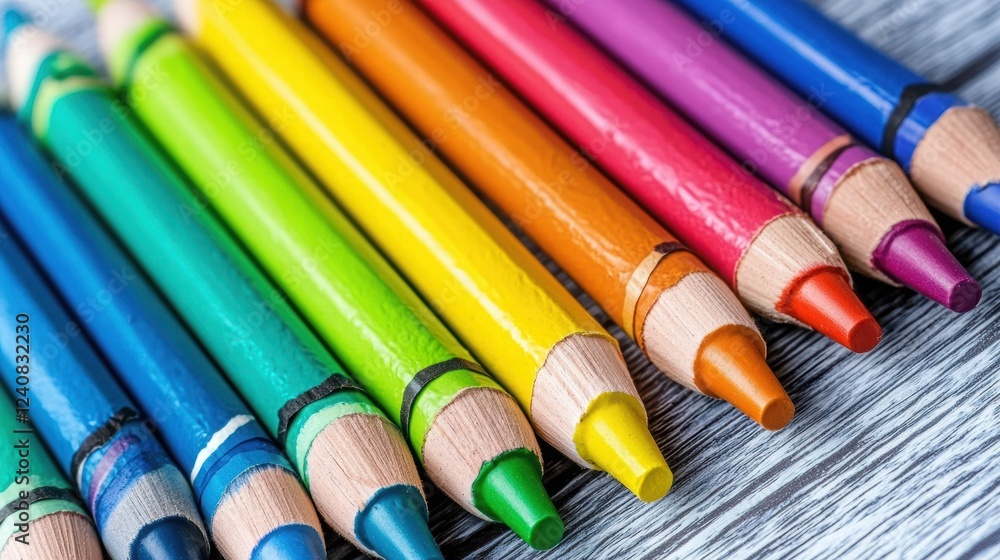 Fototapeta premium Colorful Crayons Lined Up on a Wooden Surface for Art Projects