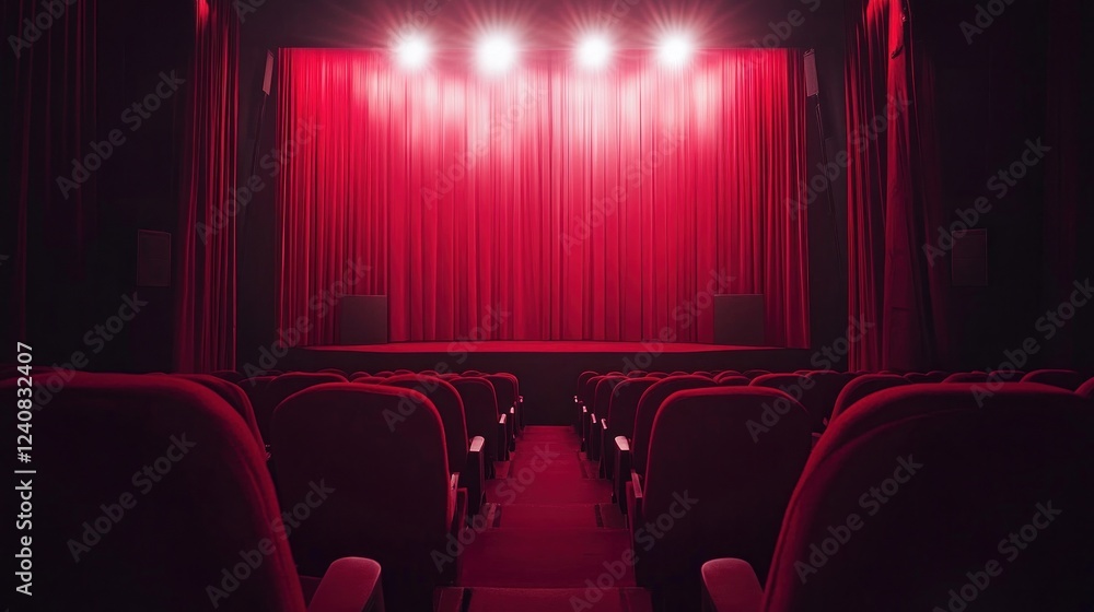 Fototapeta premium Empty Movie Theater Red Curtains Stage Lights Dimly Lit Seats