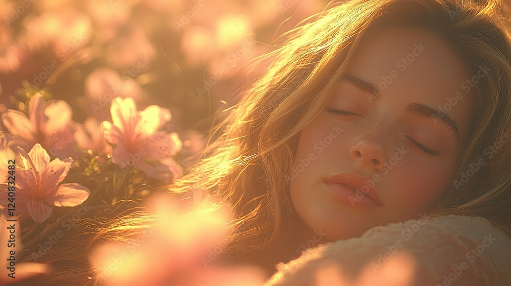 Fototapeta premium Golden Hour Serenity A Woman Sleeping Amongst Flowers
