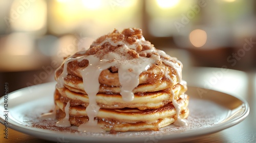 Savory Cinnamon Roll Pancakes Ã» A delightful mashup of pancakes and cinnamon rolls topped with generous creamy icing for a sweet morning breakfast photo