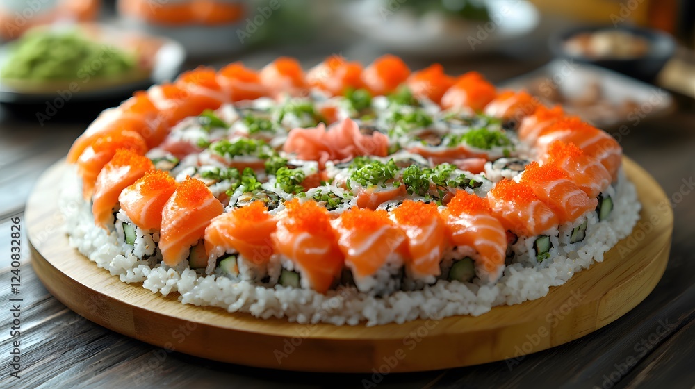 A Fresh and Creative Culinary Interpretation Combining Traditional Sushi Elements with a Pizza-like Crunchy Rice Base A Fresh and Creative Culinary Interpretation Combining Traditional Sushi Elements with a Pizza-like Crunchy Rice Base