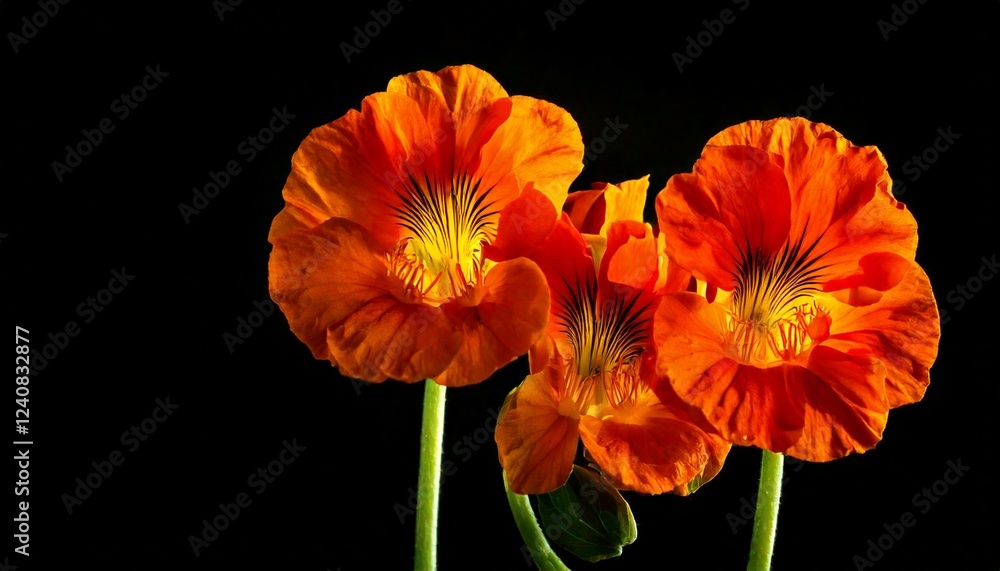 close up of Nasturtium flowers, black background, copy space close up of Nasturtium flowers, black background, copy space