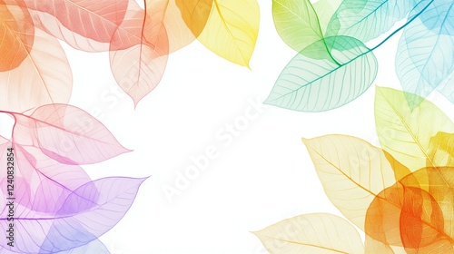 Colorful transparent background with leaf skeletons. Pastel colors, light blue, green, yellow, purple, red, pink, and white, vibrant colors
