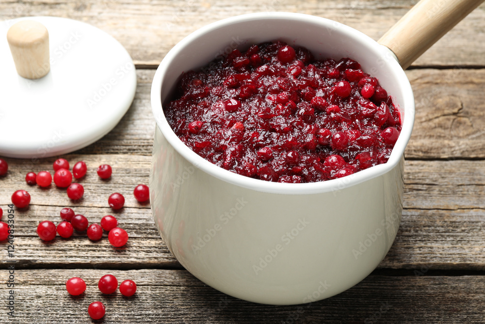 Tasty cranberry sauce in saucepan and berries on wooden table, closeup Tasty cranberry sauce in saucepan and berries on wooden table, closeup
