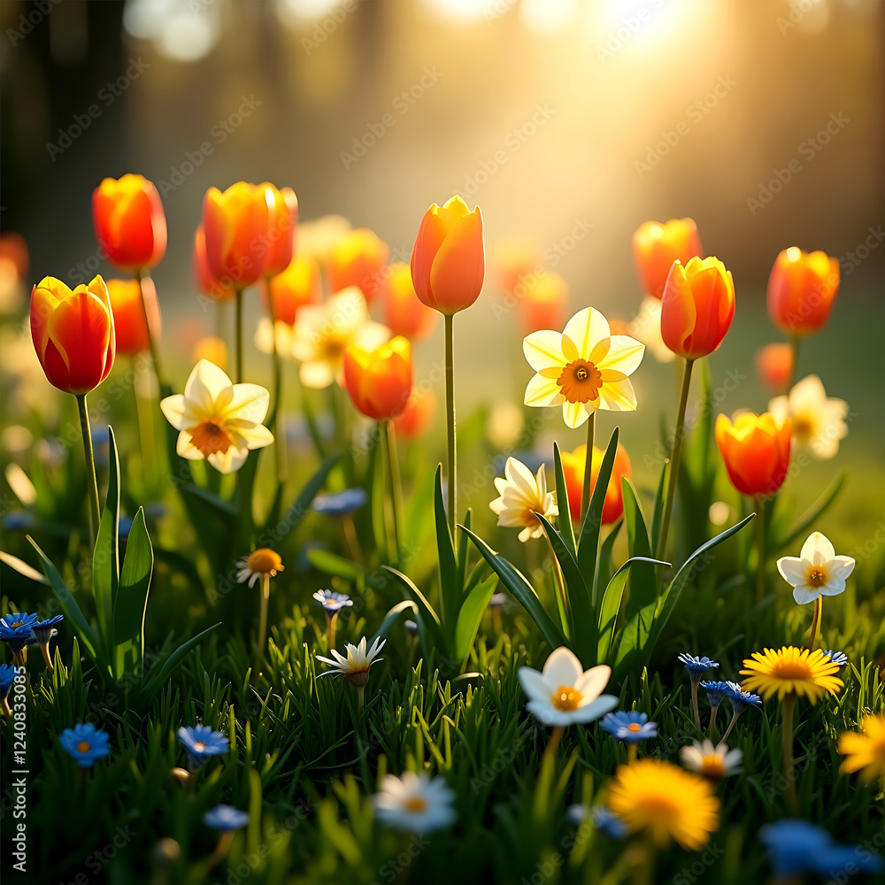 Colorful flowers under rainbow. Colorful flowers under rainbow.