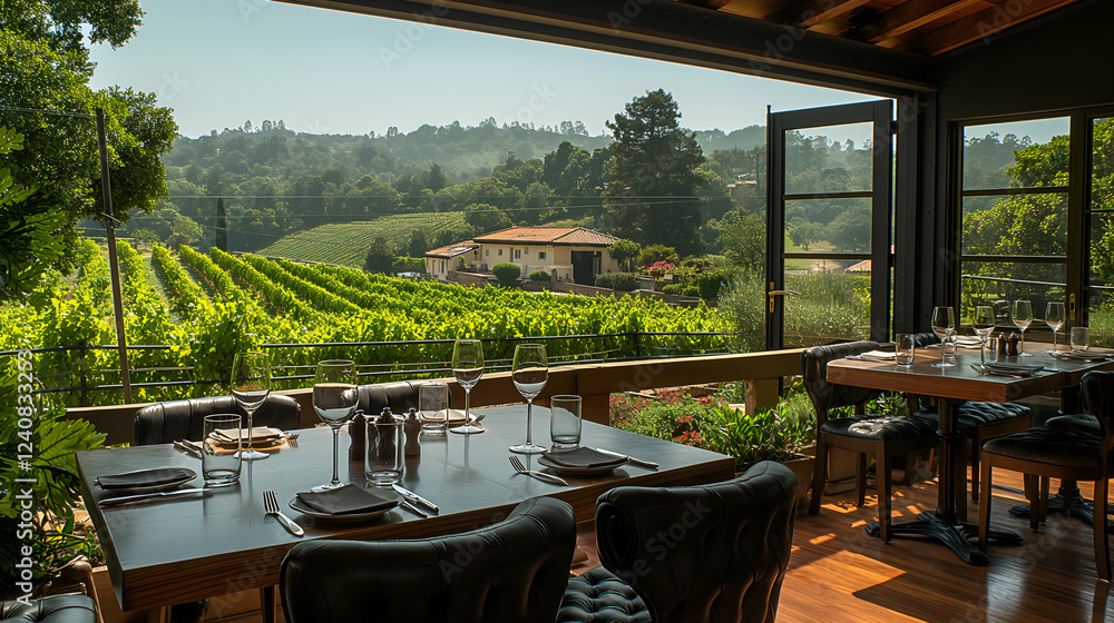 Fototapeta premium Vineyard Patio Dining Scenic View, Luxury Wine and Food Experience.
