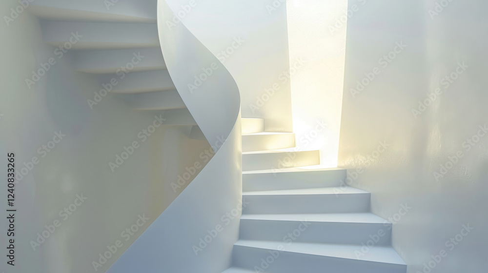 Obraz premium modern spiral staircase with smooth white steps and soft lighting creates serene atmosphere. elegant design invites exploration and adds touch of sophistication