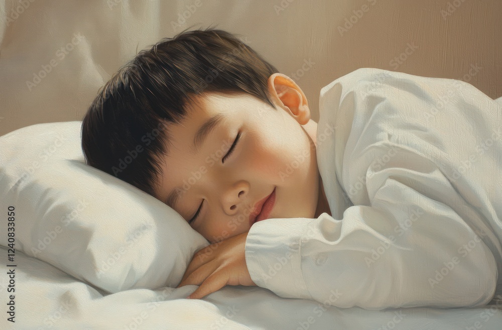 Peaceful Sleeping Child on White Pillow in Soft Morning Light Peaceful Sleeping Child on White Pillow in Soft Morning Light