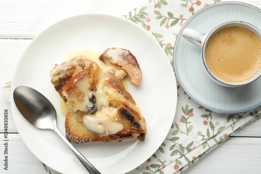 Freshly baked bread pudding and coffee on white wooden table, top view Freshly baked bread pudding and coffee on white wooden table, top view