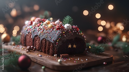 Delightful Display of a Festively Decorated Chocolate BÃ»che de NoÃ«l on a Charming Wooden Board with a Magical Atmosphere photo