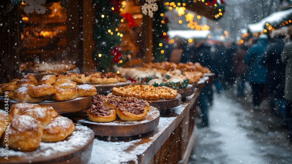 Obraz premium Festive Christmas Market with Crispy Peremech Pastries Highlighting the Joys of Russian Winter Celebrations