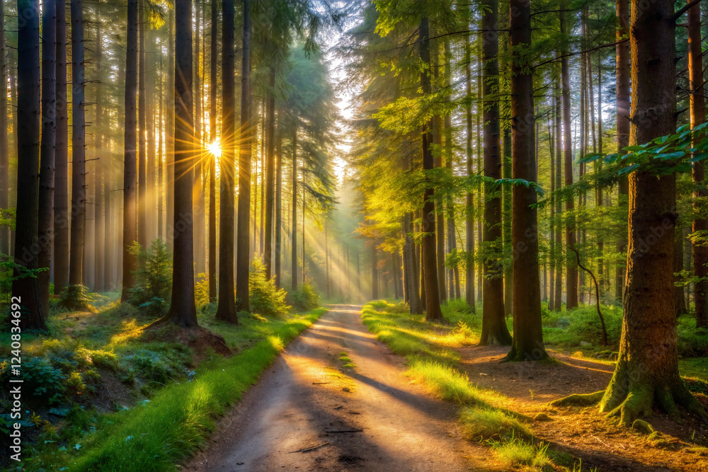 Fototapeta premium A Narrow Dirt Path Through a Sunlit Forest