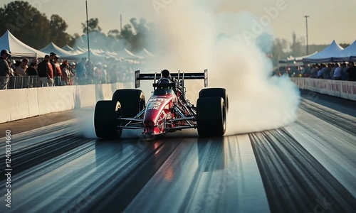 Race car performing a burnout on a drag strip surrounded by spectators and tents in the background