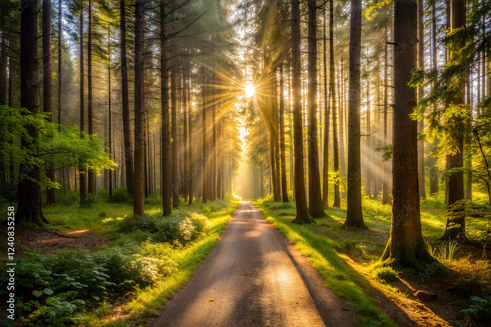 Fototapeta premium A Narrow Dirt Path Through a Sunlit Forest