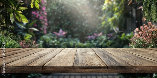 Rustic Wooden Table in a Vibrant Garden Setting
