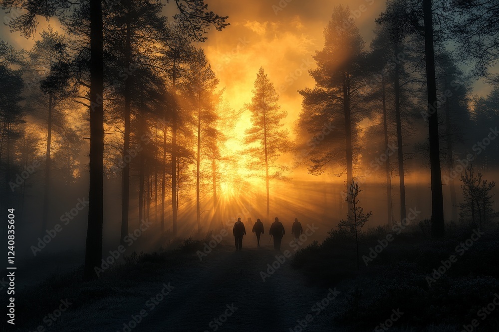 Golden sunrise casts rays through foggy forest as hikers explore tranquil nature trail Golden sunrise casts rays through foggy forest as hikers explore tranquil nature trail