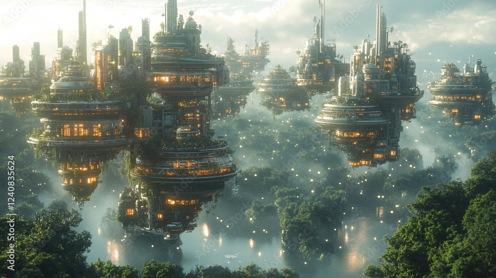 Obraz premium Futuristic Floating Cities Green Landscape Aerial View Digital Art Sky City Urban World Trees Nature