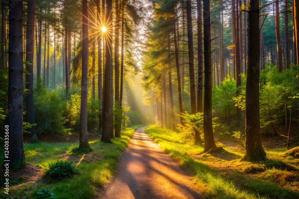 Fototapeta premium A Narrow Dirt Path Through a Sunlit Forest