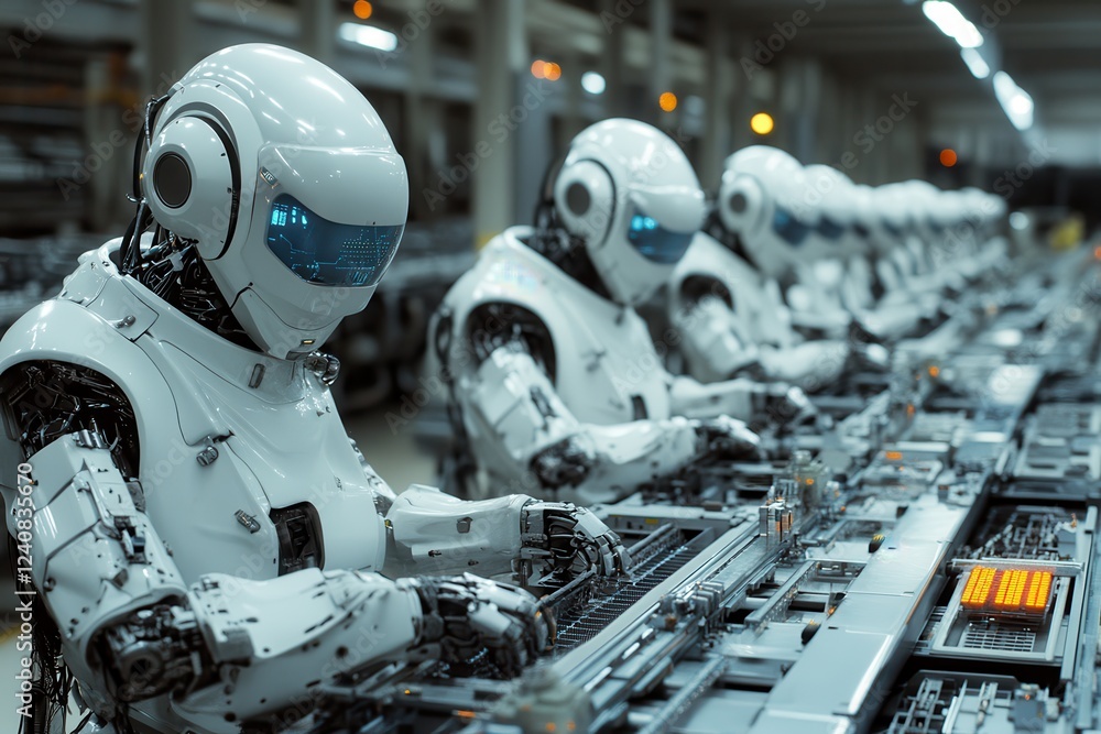 A futuristic factory scene featuring humanoid robots assembling technology on a production line, highlighting advanced automation in manufacturing. A futuristic factory scene featuring humanoid robots assembling technology on a production line, highlighting advanced automation in manufacturing.