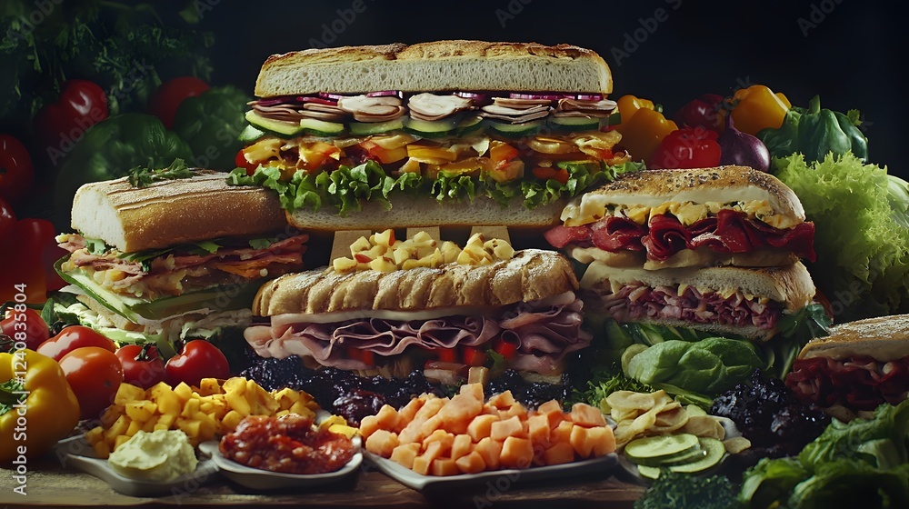 An Artistic Display of Gourmet Sandwiches with Fresh Ingredients and Unique Flavor Combinations. An Artistic Display of Gourmet Sandwiches with Fresh Ingredients and Unique Flavor Combinations.