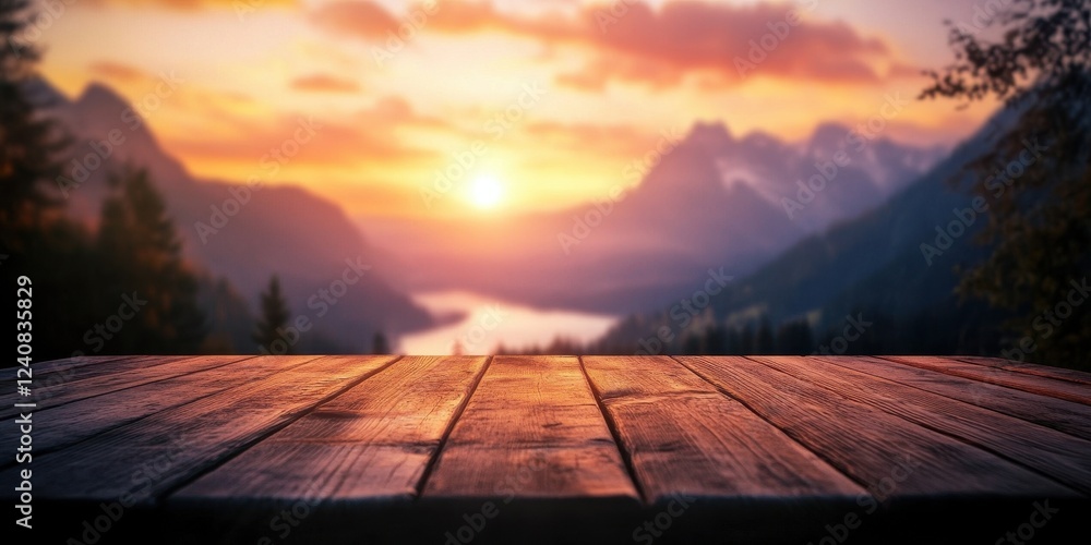Serene Sunset Landscape with Mountain Lake and Wooden Table Serene Sunset Landscape with Mountain Lake and Wooden Table