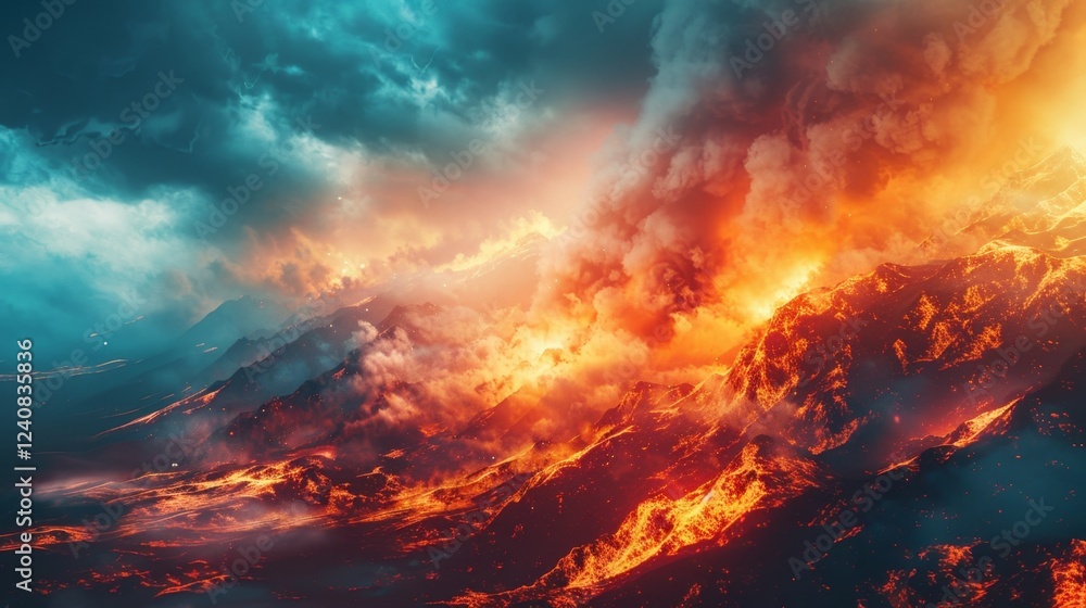 custom made wallpaper toronto digitalA fiery landscape with a volcano in the background. The sky is filled with clouds and the fire is spreading across the mountains
