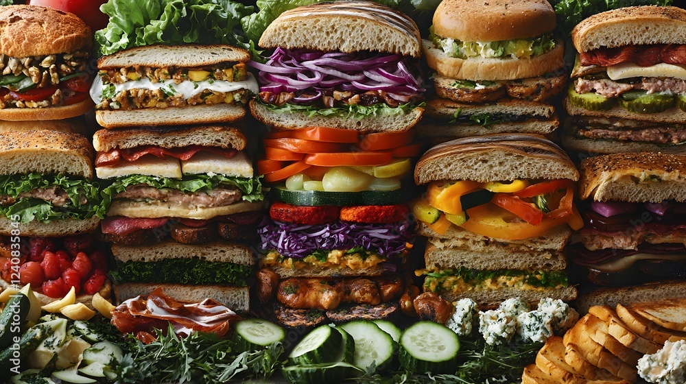 Fototapeta premium An Artistic Display of Gourmet Sandwiches with Fresh Ingredients and Unique Flavor Combinations.