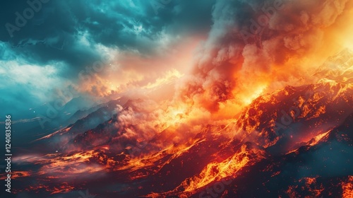 Wallpaper Mural A fiery landscape with a volcano in the background. The sky is filled with clouds and the fire is spreading across the mountains Torontodigital.ca