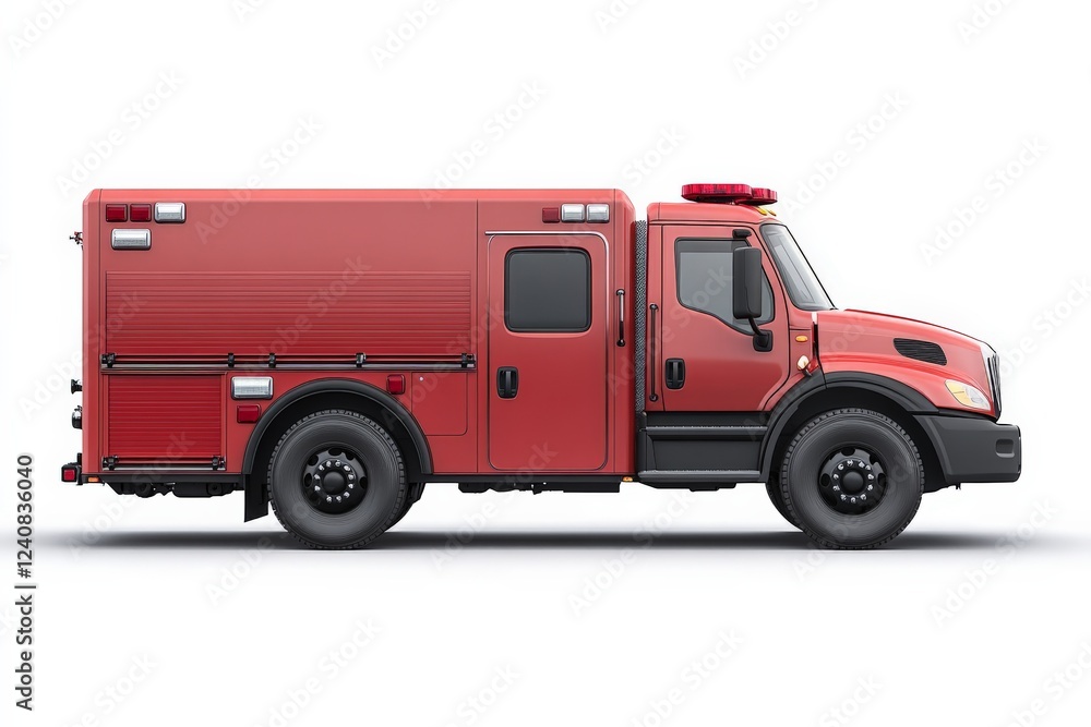 Emergency response vehicle stands ready for action in bright red color with flashing lights on top and large wheels Emergency response vehicle stands ready for action in bright red color with flashing lights on top and large wheels