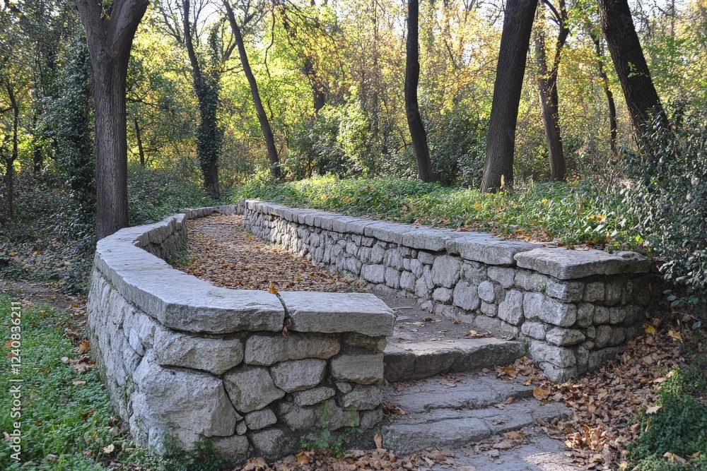 Stone seating area in a wooded park surrounded by autumn foliage during the day Stone seating area in a wooded park surrounded by autumn foliage during the day
