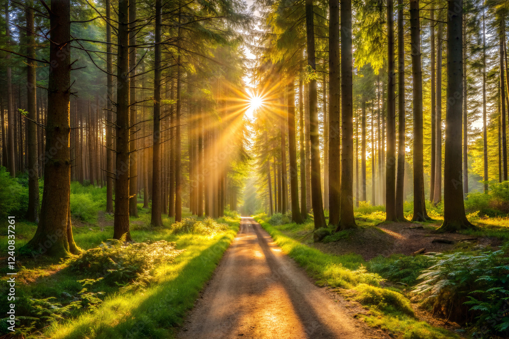 Fototapeta premium A Narrow Dirt Path Through a Sunlit Forest