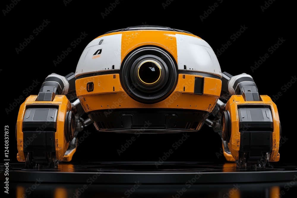Compact robotic unit with orange and white design showcased on a black background Compact robotic unit with orange and white design showcased on a black background