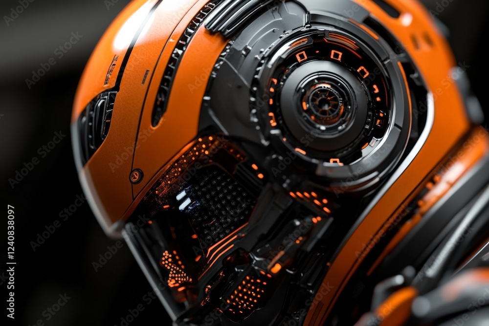 Fototapeta premium Futuristic orange helmet with intricate design and glowing details showcases advanced technology and craftsmanship