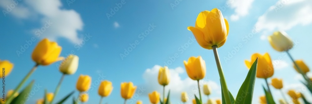 Bright yellow tulips stretch towards the sky on a tall stem, petals, nature Bright yellow tulips stretch towards the sky on a tall stem, petals, nature