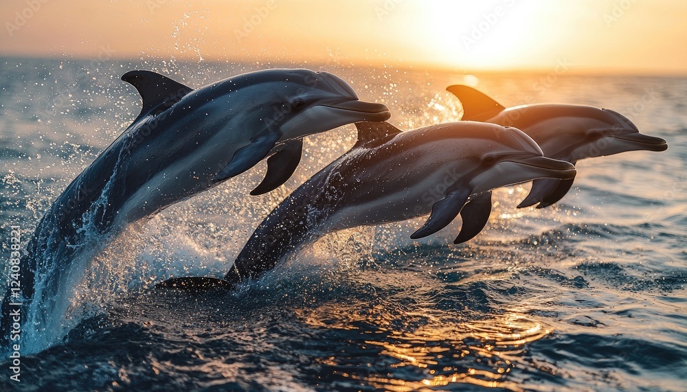 Obraz premium Three dolphins leap joyfully at sunset ocean