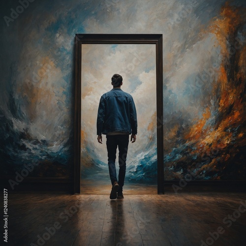 A person stepping out of a painting and walking into reality.