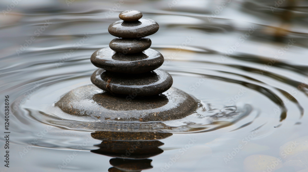 serene stack of smooth black stones on water, creating gentle ripples around them, symbolizing balance and tranquility serene stack of smooth black stones on water, creating gentle ripples around them, symbolizing balance and tranquility