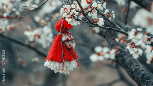 Bulgarian baba marta tradition close-up of red martenitsa on a blossoming tree branch, Baba Marta Day