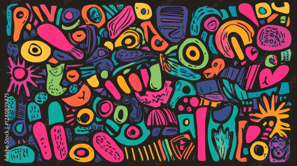 Obraz premium Vibrant collection of doodle shapes in various colors, showcasing abstract designs and playful patterns. This artwork evokes sense of creativity and joy