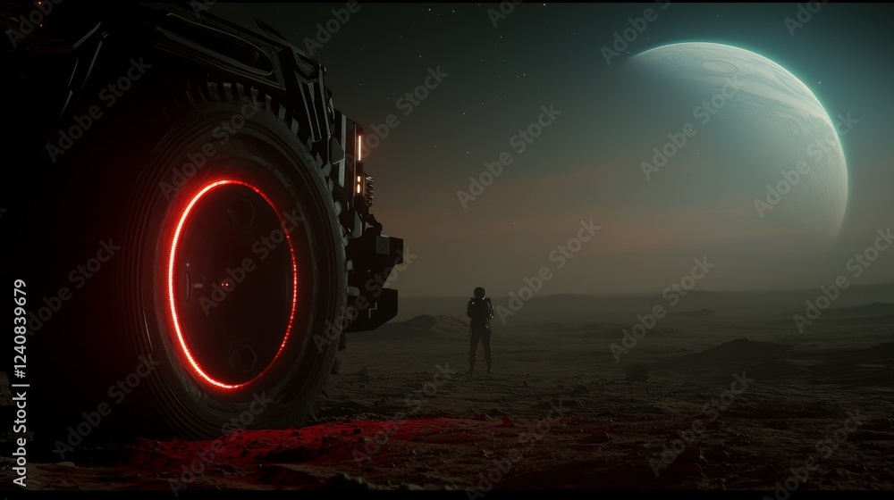 Exploring an alien landscape under a distant planet at twilight with a futuristic vehicle Exploring an alien landscape under a distant planet at twilight with a futuristic vehicle