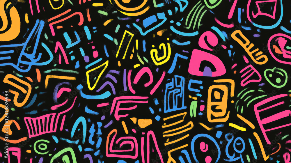 Vibrant doodle shapes colorful abstract pattern dark background, showcasing playful and artistic design. This lively composition features various shapes and lines, creating dynamic visual Vibrant doodle shapes colorful abstract pattern dark background, showcasing playful and artistic design. This lively composition features various shapes and lines, creating dynamic visual