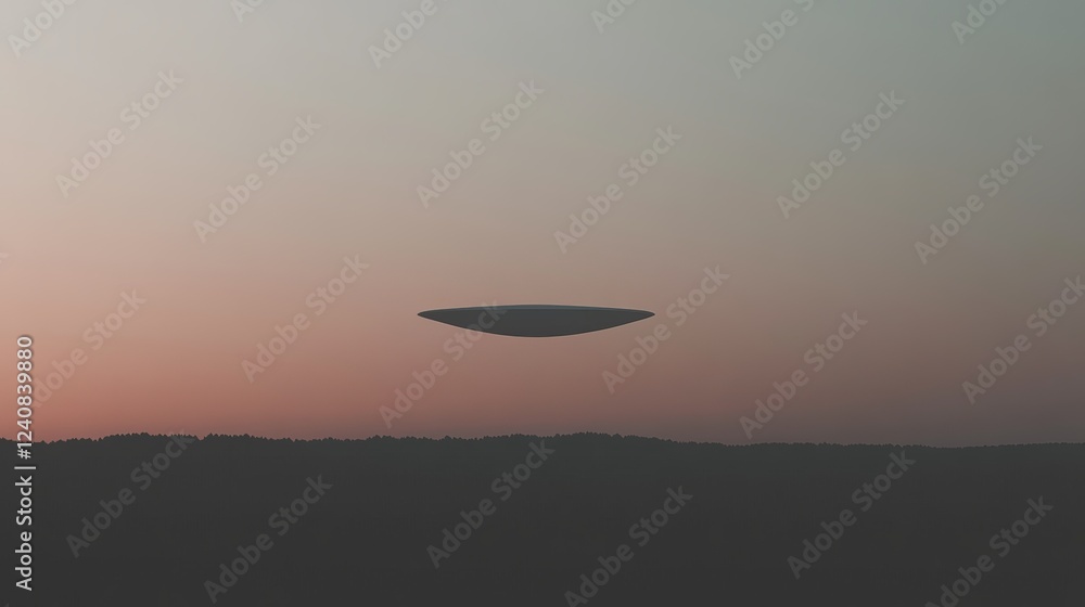 Mysterious object hovering above the horizon during dusk in a serene landscape Mysterious object hovering above the horizon during dusk in a serene landscape