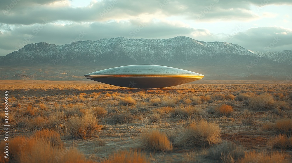 Mysterious flying saucer lands in a desert landscape with distant mountains during golden hour Mysterious flying saucer lands in a desert landscape with distant mountains during golden hour