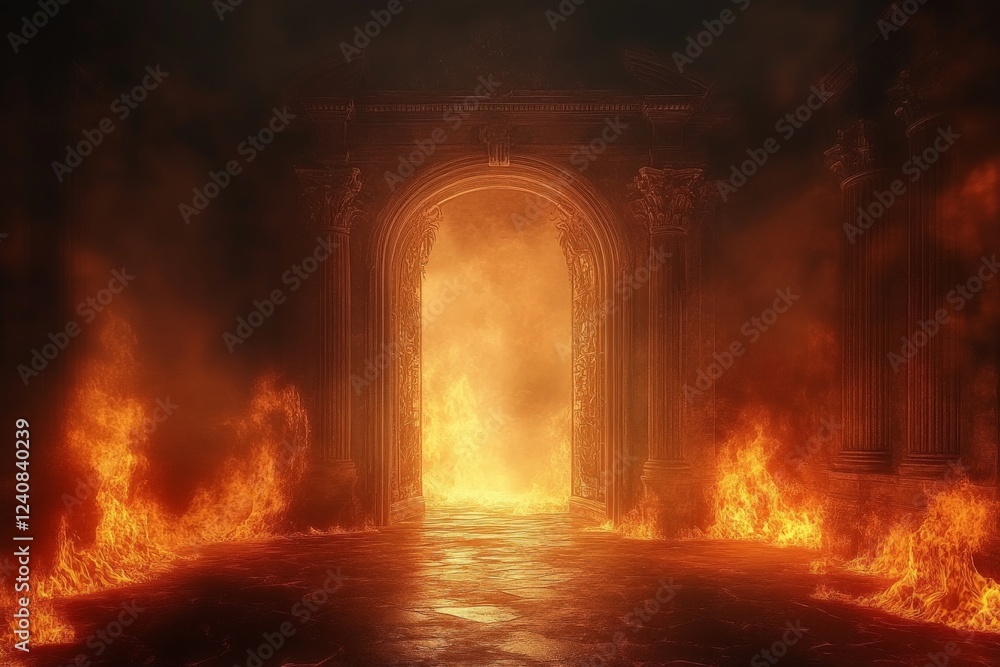 Fototapeta premium Fiery gateway reveals an intense blaze within an ancient, ornate stone structure at dusk