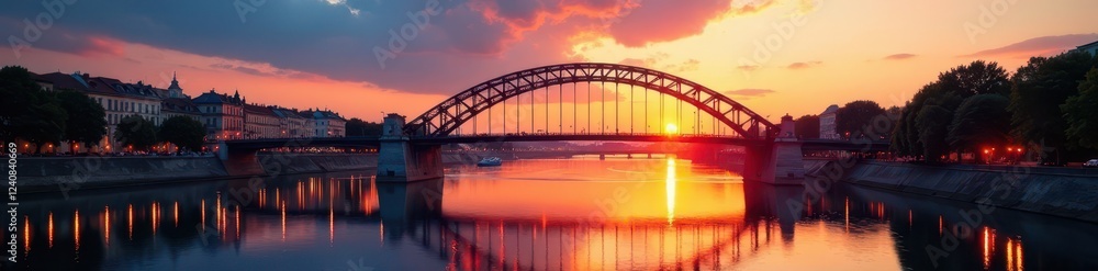 Naklejka premium Elegant bridge arching over Seine river at sunset, sunset, bridge, france
