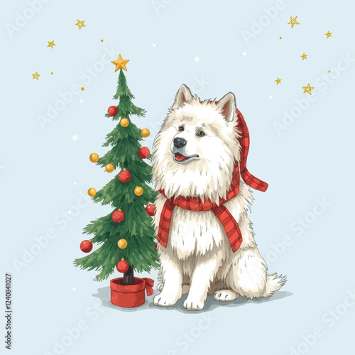 A fluffy white dog wearing a red scarf sits next to a decorated Christmas tree. The background features a light blue winter scene with stars and snowflakes, creating a festive holiday mood.