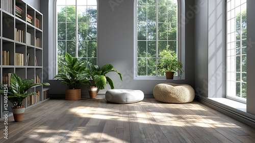 Sunlit Living Room Modern Interior with Plants  Cozy Grey and Green Decor.
